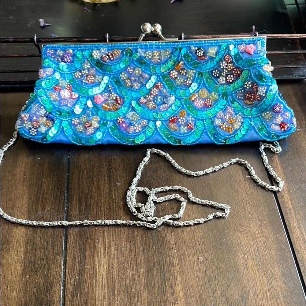 Handmade, hand-beaded clutch bag.